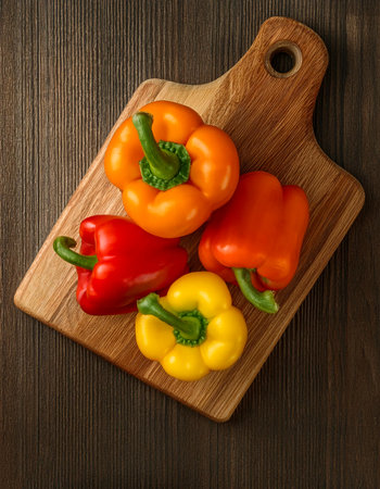 Sweet pepper on a wooden cutting board, isolated against a wooden background