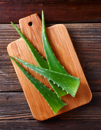 aloe vera on a wooden cutting board, isolated against a wooden backgroundの写真素材