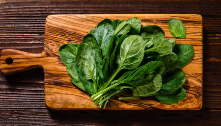 spinach on a wooden cutting board, isolated against a wooden backgroundの写真素材