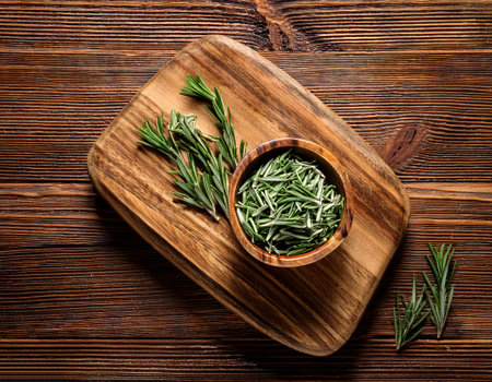 rosemary in wooden bowl on a wooden cutting board, isolated against a wooden backgroundの写真素材