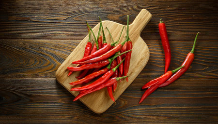 Red chili peppers on a wooden cutting board, isolated against a wooden background
