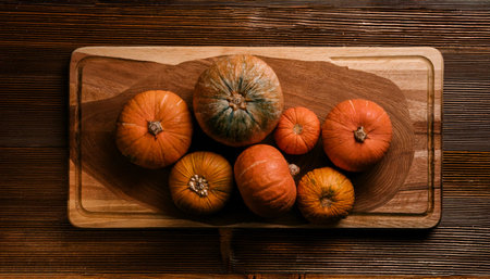 pumpkin on a wooden cutting board, isolated against a wooden background
