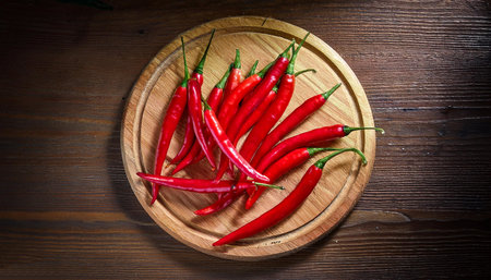 Red chili peppers on a wooden cutting board, isolated against a wooden background