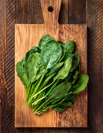 spinach on a wooden cutting board, isolated against a wooden backgroundの写真素材