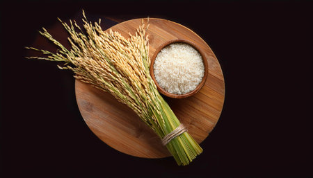 rice ear with leaf on a wooden cutting board, isolated against a wooden background.