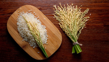 rice ear with leaf on a wooden cutting board, isolated against a wooden background.の写真素材
