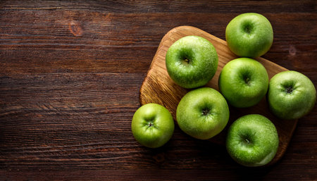 Green apples in wooden cutting board isolated on wooden backgroundの写真素材
