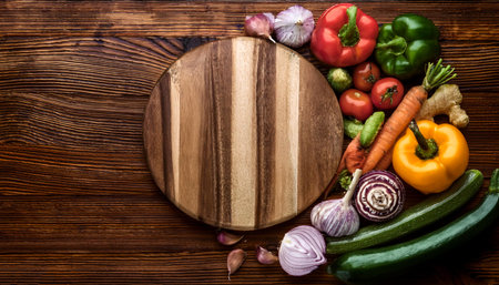 Vegetables on a wooden cutting board, isolated against a wooden backgroundの写真素材