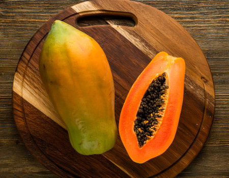 papaya on a wooden cutting board, isolated against a wooden backgroundの写真素材