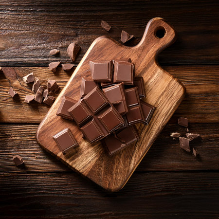 chocolate on a wooden cutting board, isolated against a wooden backgroundの写真素材