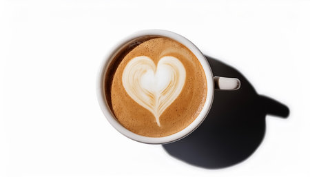 Hot latte coffee in ceramic cup isolated on white background. Heart pattern latte artの写真素材