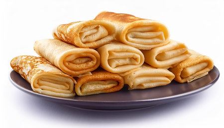 Heap of thin pancakes with stuffing close-up on a white backgroundの写真素材