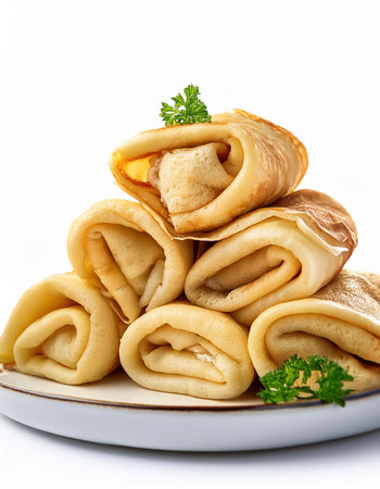 Heap of thin pancakes with stuffing close-up on a white backgroundの写真素材