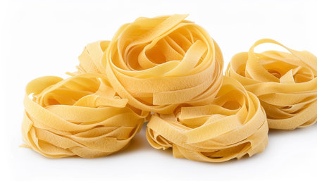 Italian pasta tagliatelle nest isolated on white background with full depth of fieldの写真素材