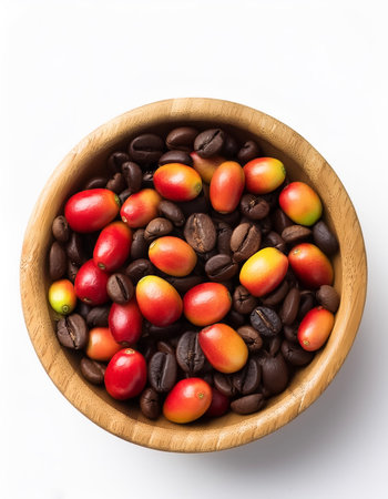 coffee beans in wooden bowl isolated on white backgroundの写真素材