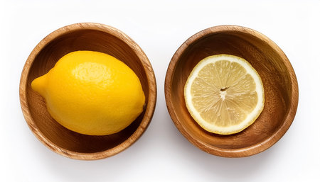 fresh lemon slice in wooden bowl isolated on white backgroundの写真素材