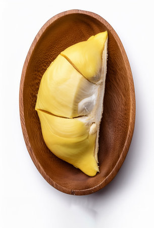 fresh durian flesh slice in wooden bowl isolated on white background