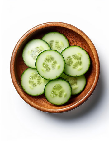 fresh cucumber slice in wooden bowl isolated on white backgroundの写真素材