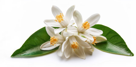 Orange tree flowers bunch closeup isolated on white. Neroli blossom. White citrus tree bloomの写真素材