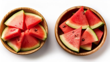 watermelon slice in wooden bowl isolated on white backgroundの写真素材