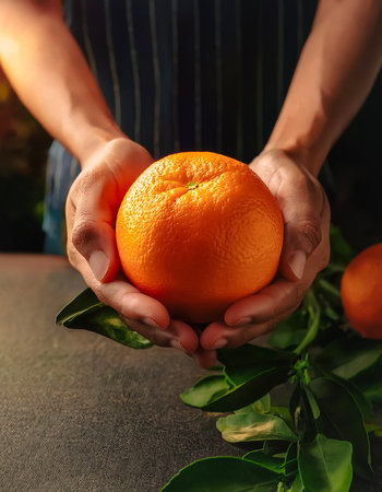 Close up hand selected The best Sweet Orange are still fresh and ready to be harvested.の写真素材
