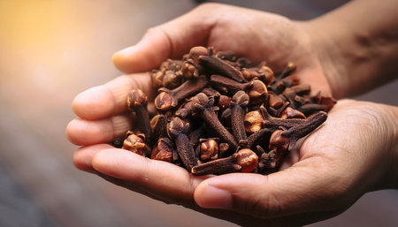 close up hand selected clove are still fresh and ready to be harvested.の写真素材