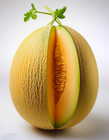 A close-up photo of a ripe melon with slices isolated on a white background.の写真素材