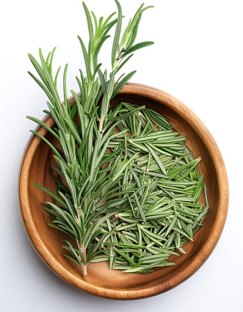 Rosemary in wooden bowl isolated on white backgroundの写真素材