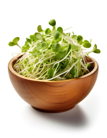 SproutsÂ in wooden bowl isolated on white backgroundの写真素材
