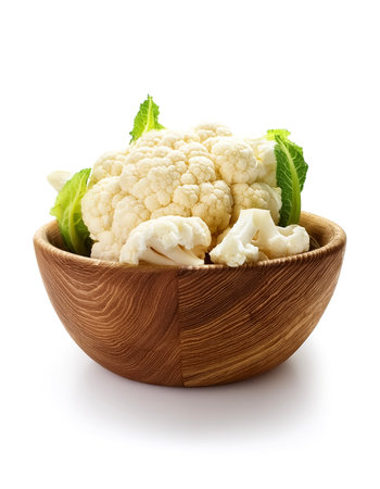 Cauliflower in wooden bowl isolated on white backgroundの写真素材