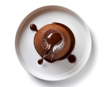 lava cake with chocolate coming out of the cake in white plate isolated on white backgroundの写真素材