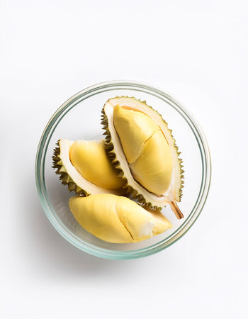 Durian fruit flesh slices in a transparent glass bowl isolated on white backgroundの写真素材