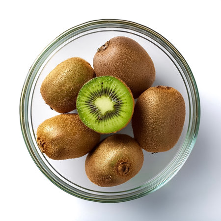 Kiwi fruit in a transparent glass bowl isolated on white backgroundの写真素材
