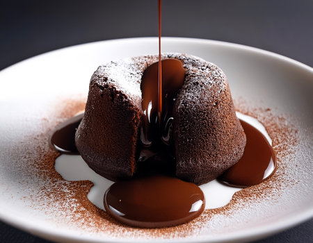 lava cake with chocolate coming out of the cake in white plateの写真素材