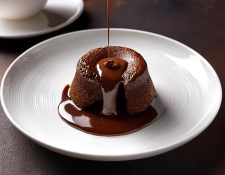 lava cake with chocolate coming out of the cake in white plateの写真素材