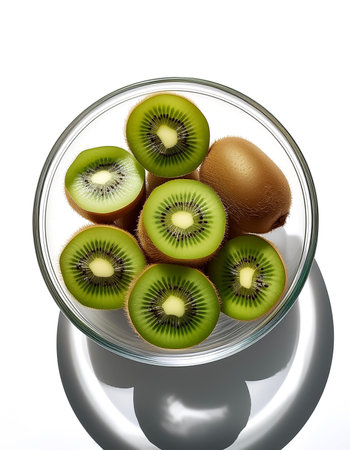 Kiwi fruit in a transparent glass bowl isolated on white backgroundの写真素材