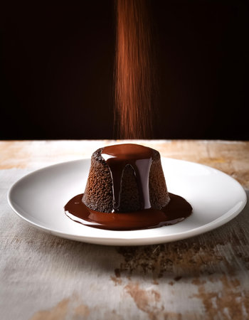 lava cake with chocolate coming out of the cake in white plate