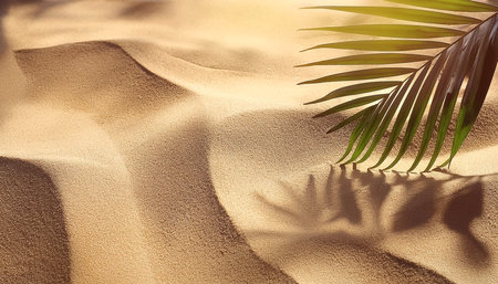 summer background of beach sand with shadows from palm leavesの写真素材