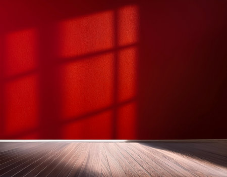 Red blank wall interior background, with shadow from window. Background concept studio and backdrops show products.の写真素材
