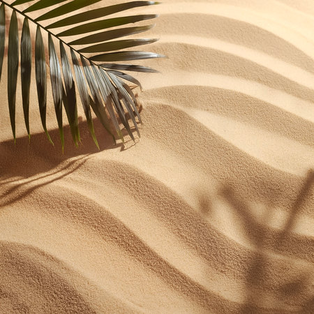 summer background of beach sand with shadows from palm leavesの写真素材