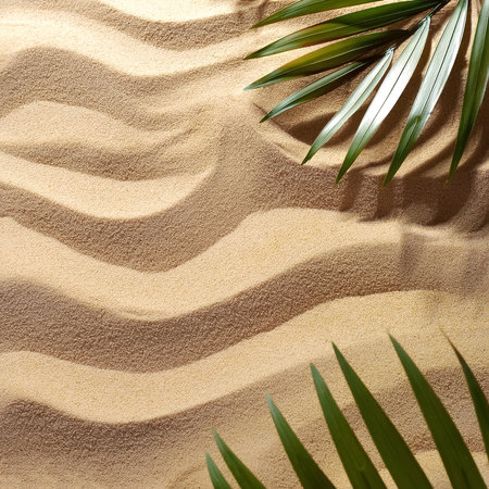 summer background of beach sand with shadows from palm leavesの写真素材