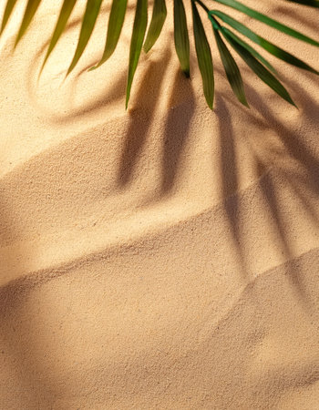 summer background of beach sand with shadows from palm leavesの写真素材