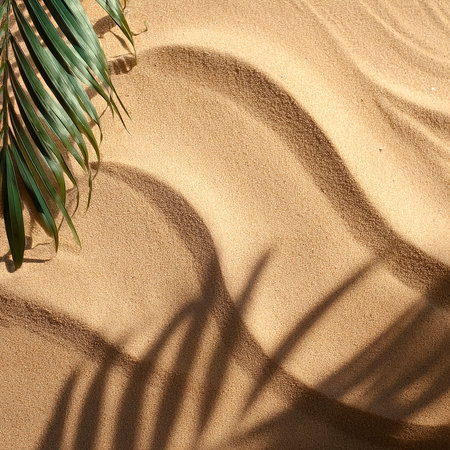 summer background of beach sand with shadows from palm leavesの写真素材