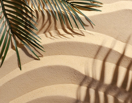 summer background of beach sand with shadows from palm leavesの写真素材