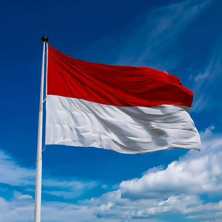 Flag of Indonesia waving in the wind, clear blue sky background. Indonesian Flag.の写真素材