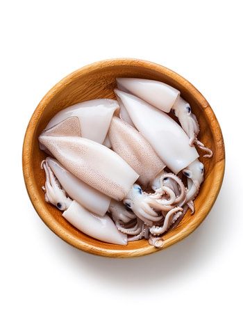 squid in wooden bowl isolated on white background