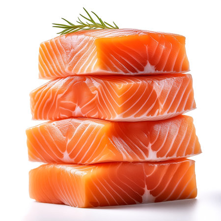 Stack of salmon fish isolated on white backgroundの写真素材
