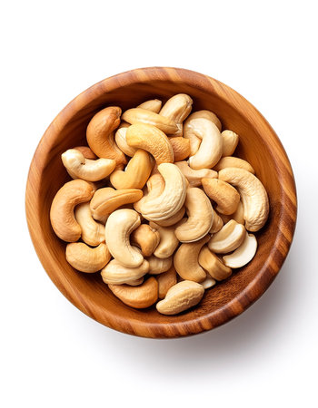 Cashew nutsÂ in wooden bowl isolated on white backgroundの写真素材