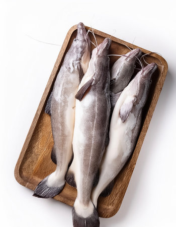 a lots Frozen fresh catfish fish isolated on white backgroundの写真素材