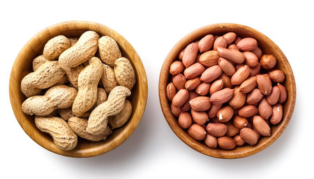 organic peanuts in wooden bowl isolated on white background
